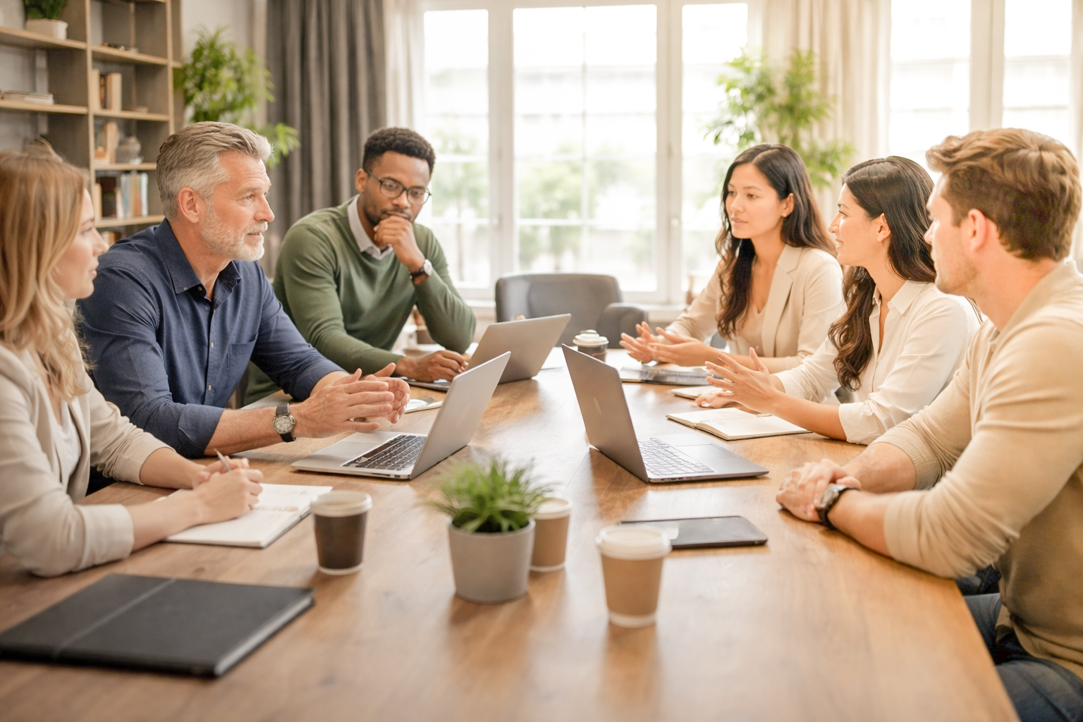 Business leaders in discussion around a boardroom table